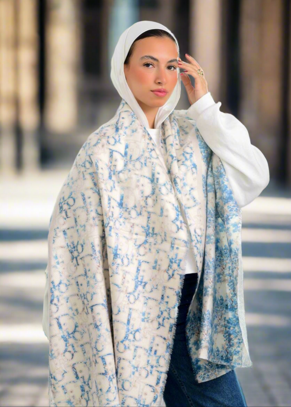 Blue Floral Print Wool Shawl