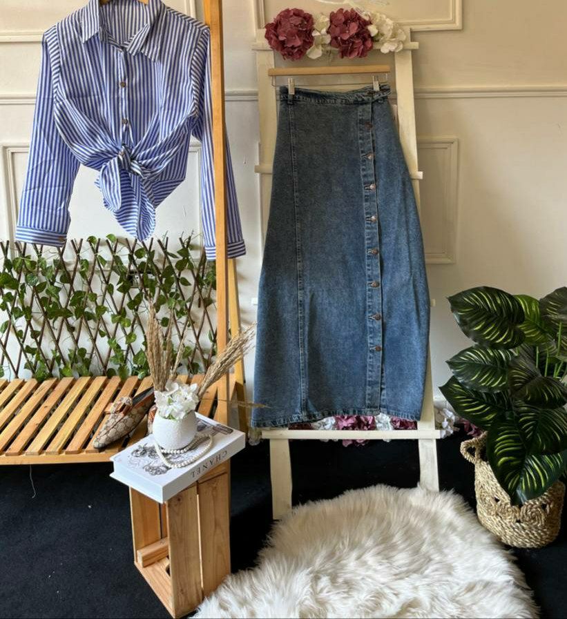 Long Buttoned Jeans Skirt