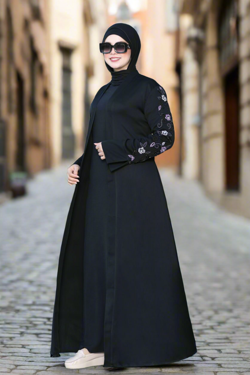 Floral Embroidered Black Abaya Set