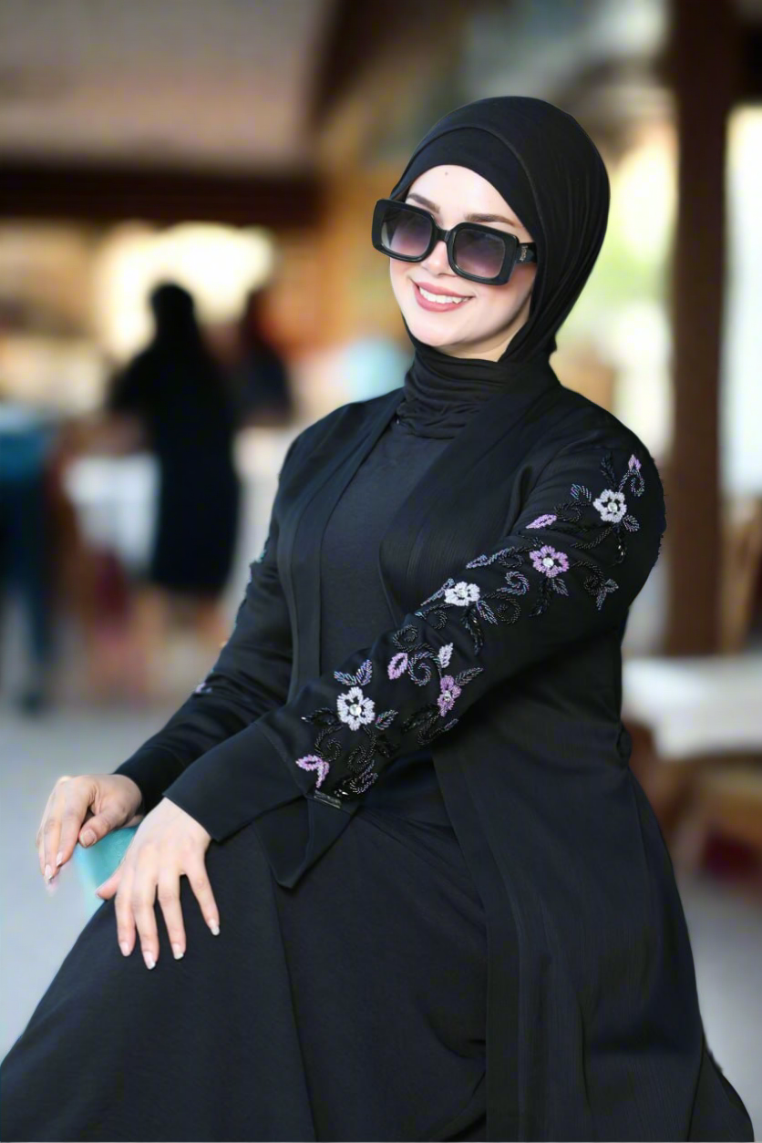 Floral Embroidered Black Abaya Set