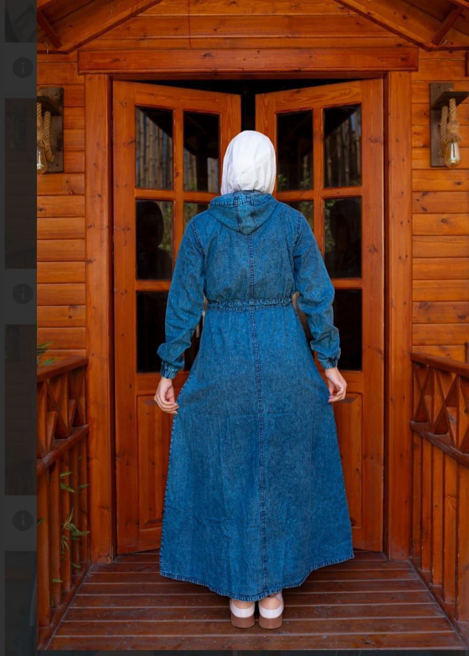 Women’s Modest Denim Hooded Abaya Dress – Casual Everyday Maxi with Drawstring Waist