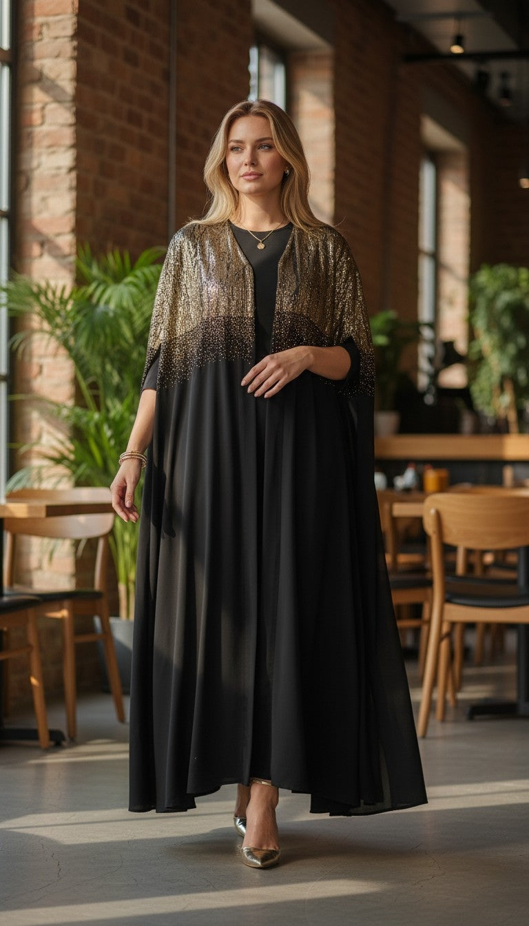 Women Modest Golden Glow 3-Piece Abaya Set