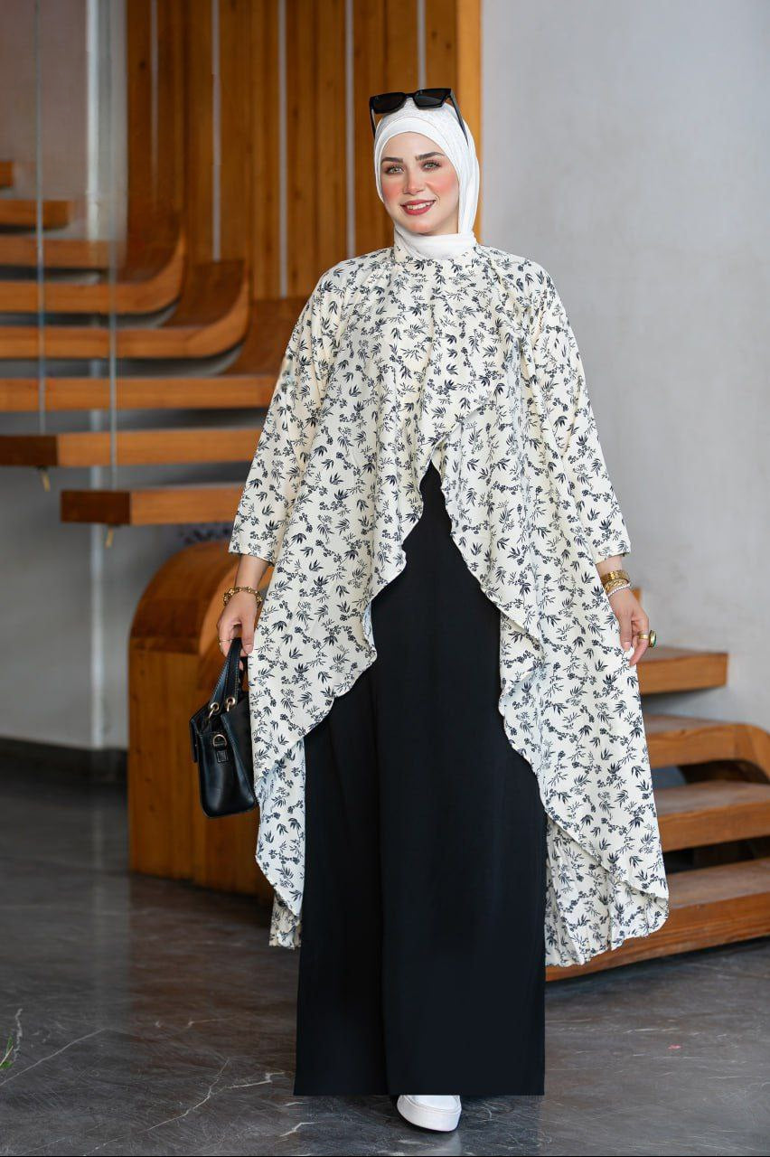 Women's Modest Floral Layered Abaya Set 🌿🤍
