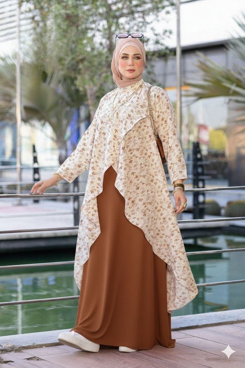 Women's Modest Floral Layered Abaya Set 🌿🤍