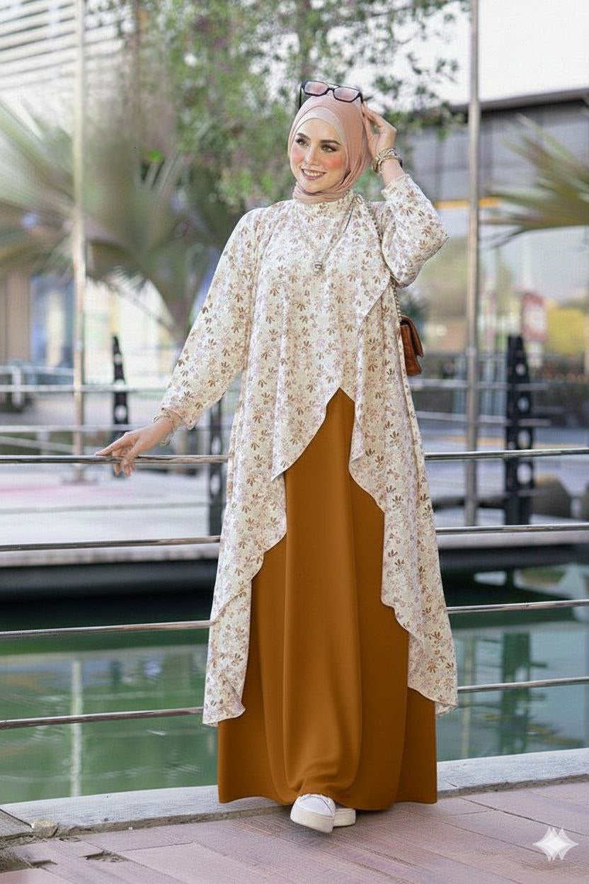 Women's Modest Floral Layered Abaya Set 🌿🤍