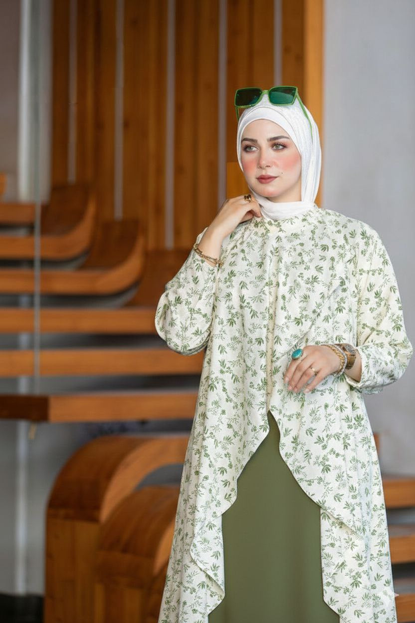 Women's Modest Floral Layered Abaya Set 🌿🤍