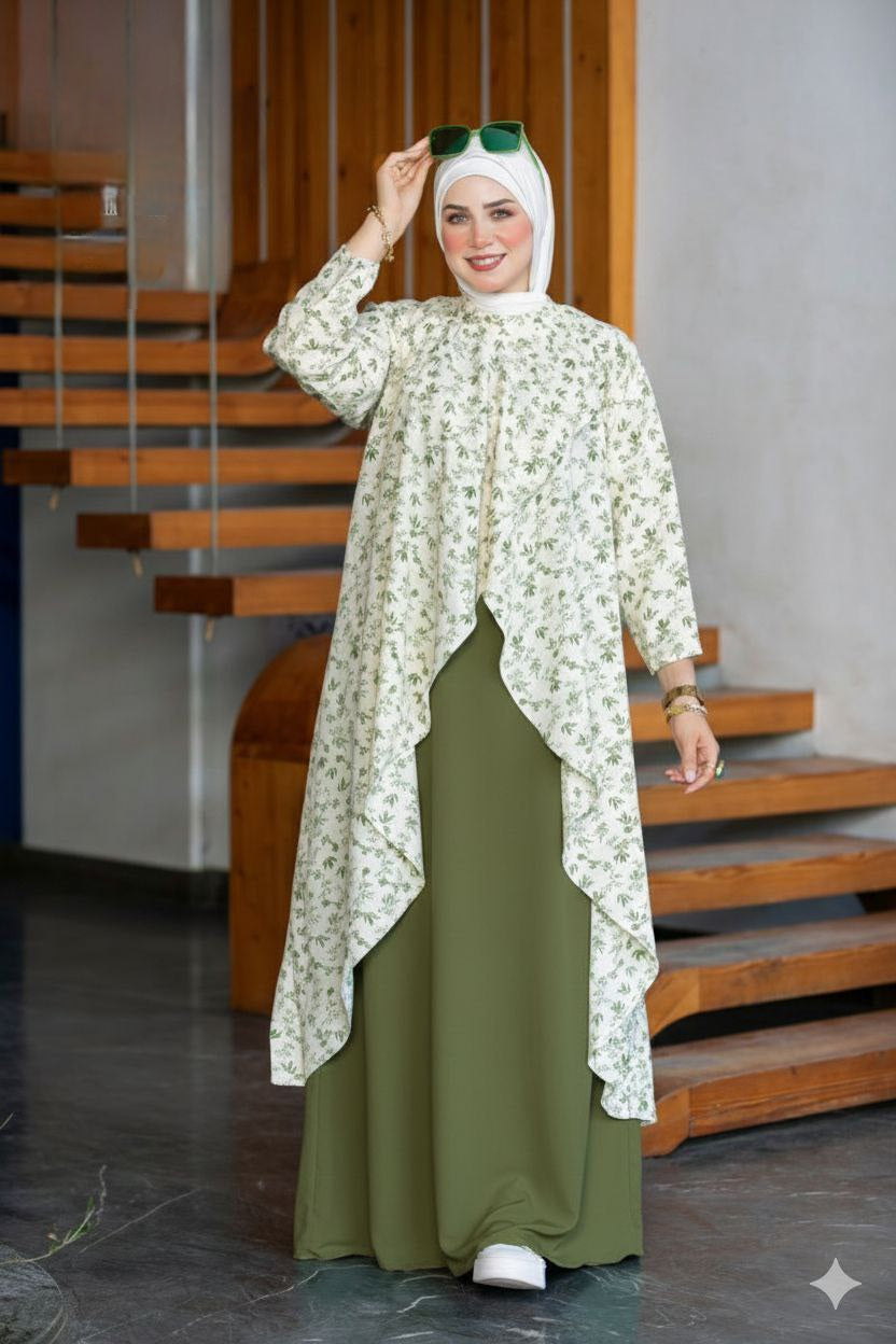 Women's Modest Floral Layered Abaya Set 🌿🤍