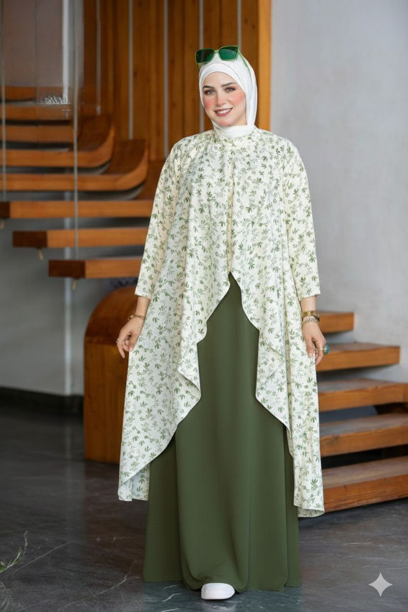 Women's Modest Floral Layered Abaya Set 🌿🤍