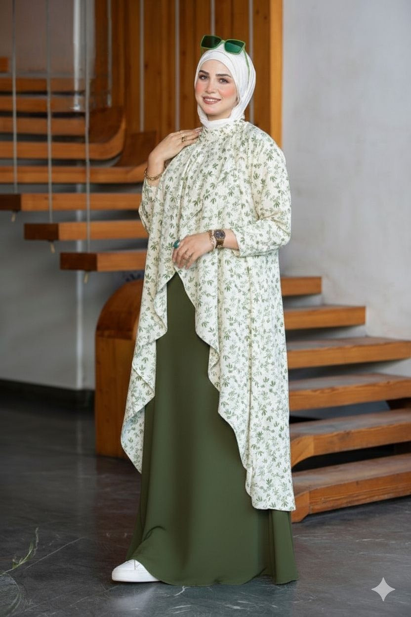 Women's Modest Floral Layered Abaya Set 🌿🤍