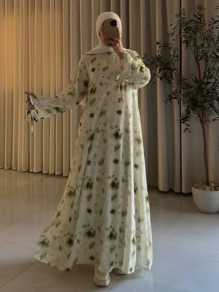 Women's Floral Chiffon Maxi Dress – Modest Floral Layered Chiffon Abaya Dress