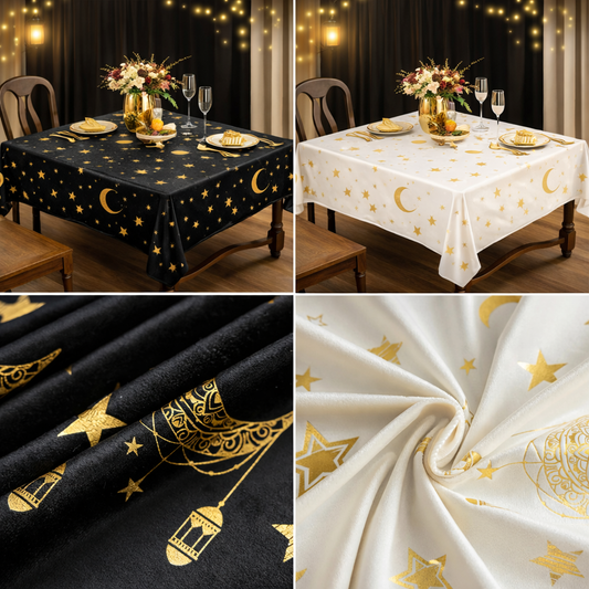 Ramadan Moon & Star Tablecloth – Elegant Islamic Home Decor for Iftar & Suhoor(140 x 140 cm)