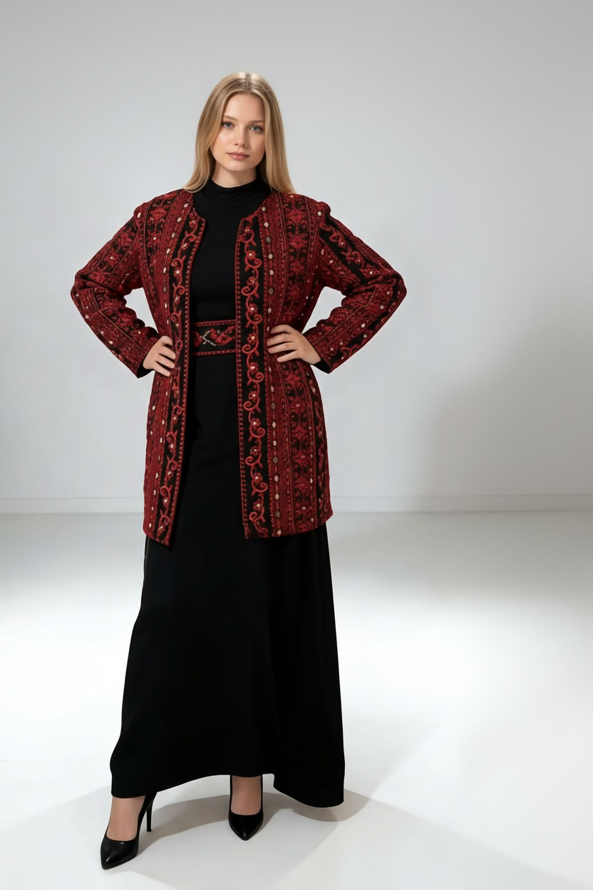 Embroidered Open Abaya Coat – Inner Layer with Belt | Modest Jacket (2 Sizes)