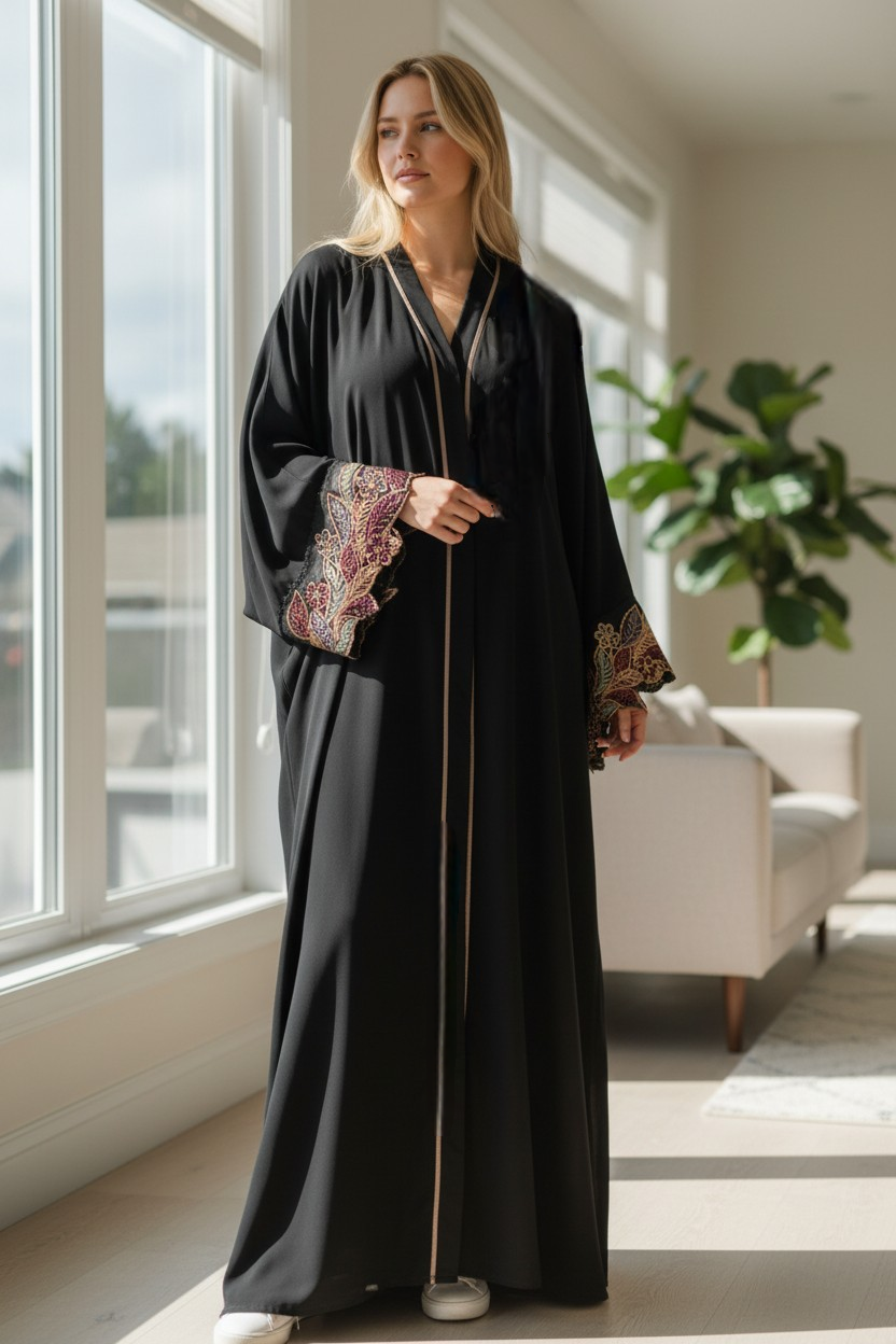 Women's Modest Luxe Bloom Embroidered Silk Abaya