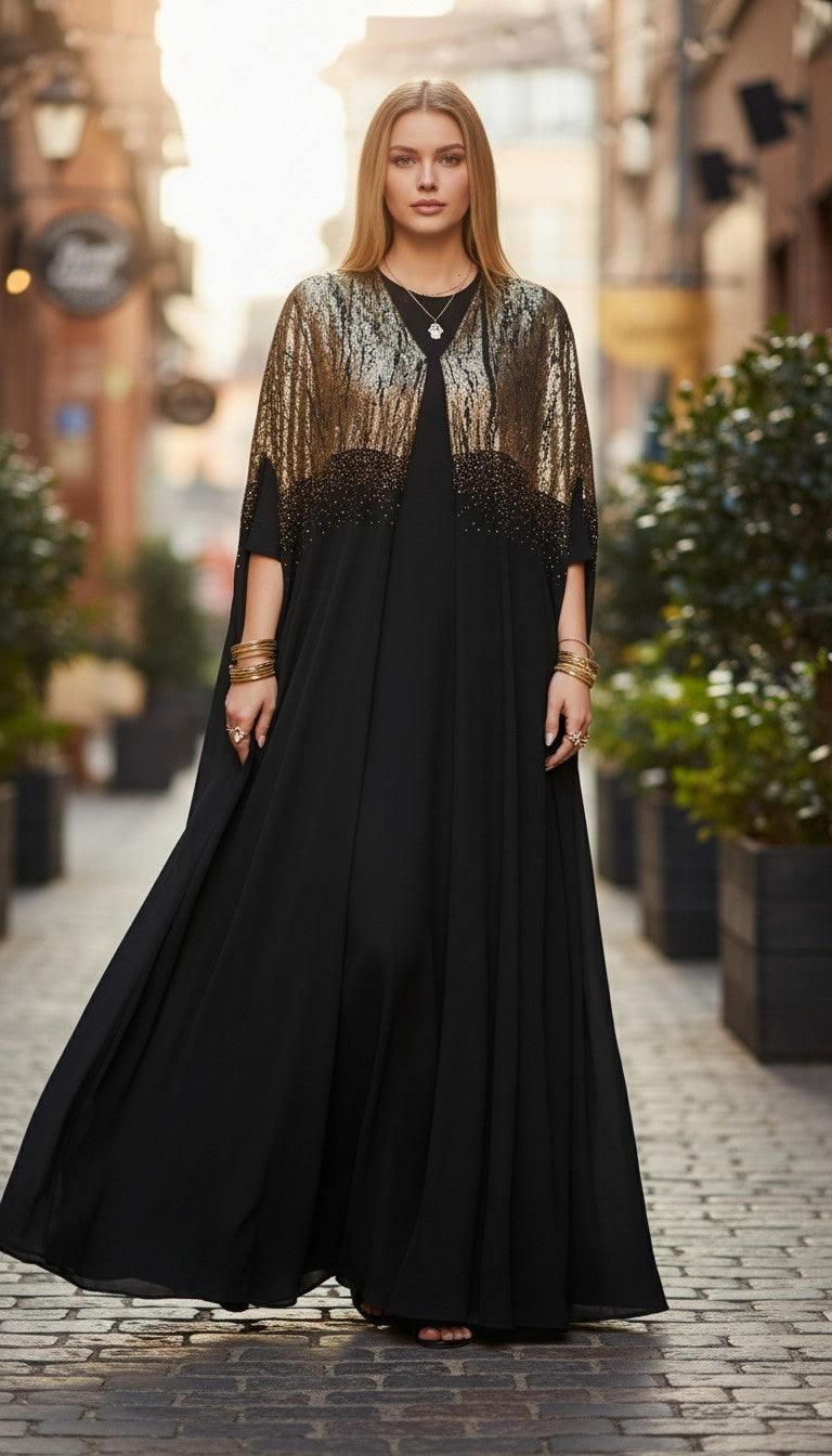 Women Modest Golden Glow 3-Piece Abaya Set
