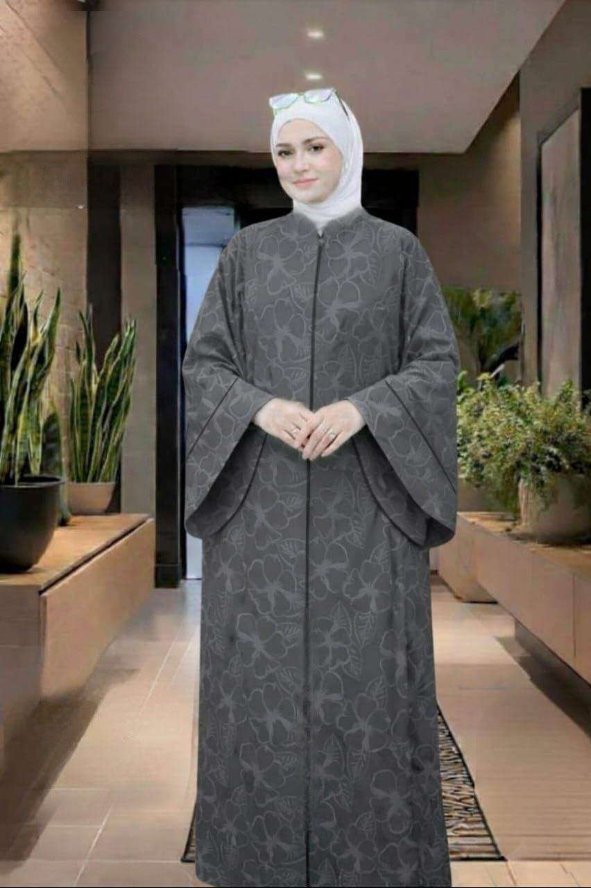 Women’s Floral Crinkled Crepe Gulf Abaya – Free Size Summer Modest Dress