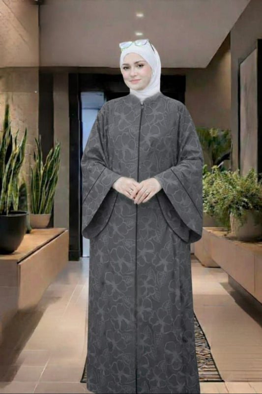 Women’s Floral Crinkled Crepe Gulf Abaya – Free Size Summer Modest Dress