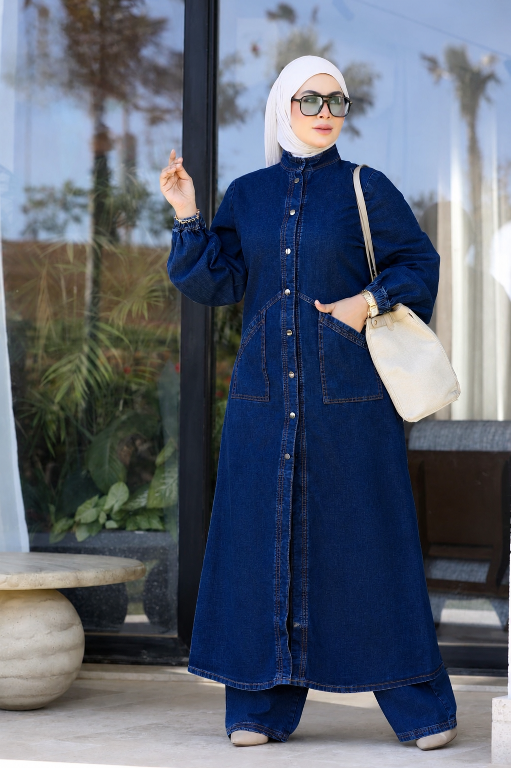 Women’s Modest Denim 2-Piece Set – Long Tunic & Wide Leg Pants | Muslim Modest Outfit | Casual Abaya Style Set