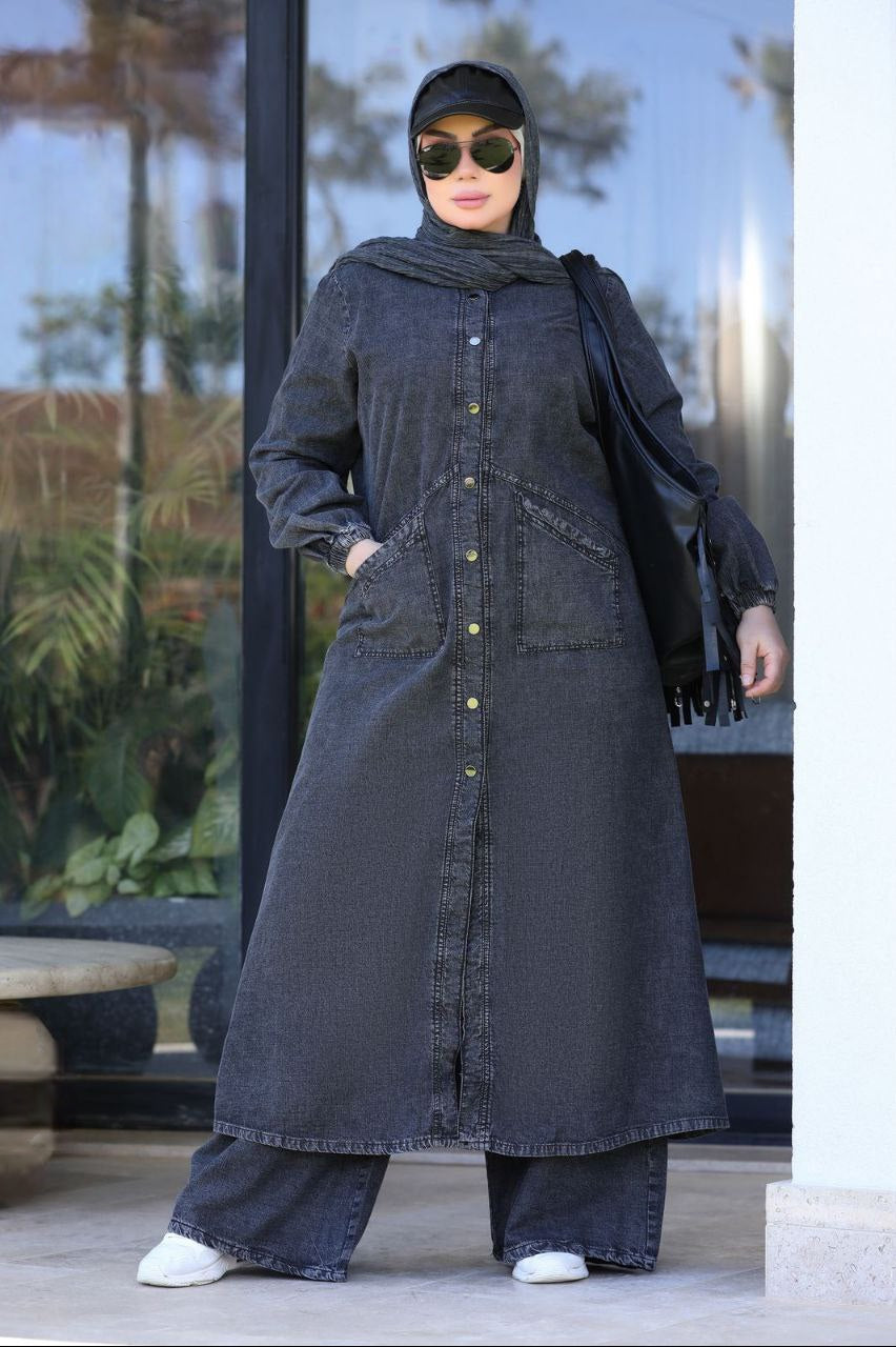 Women’s Modest Denim 2-Piece Set – Long Tunic & Wide Leg Pants | Muslim Modest Outfit | Casual Abaya Style Set