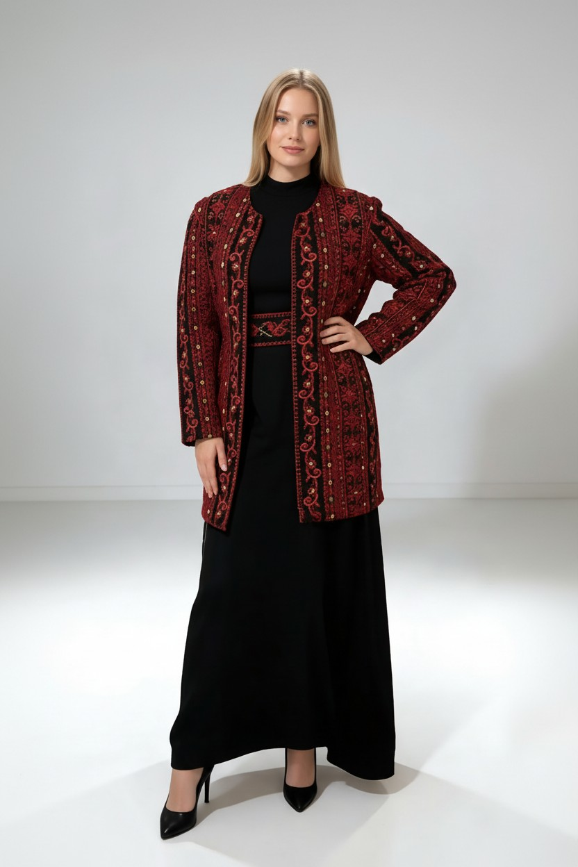 Embroidered Open Abaya Coat – Inner Layer with Belt | Modest Jacket (2 Sizes)