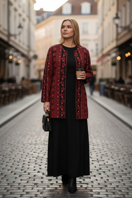 Embroidered Open Abaya Coat – Inner Layer with Belt | Modest Jacket (2 Sizes)