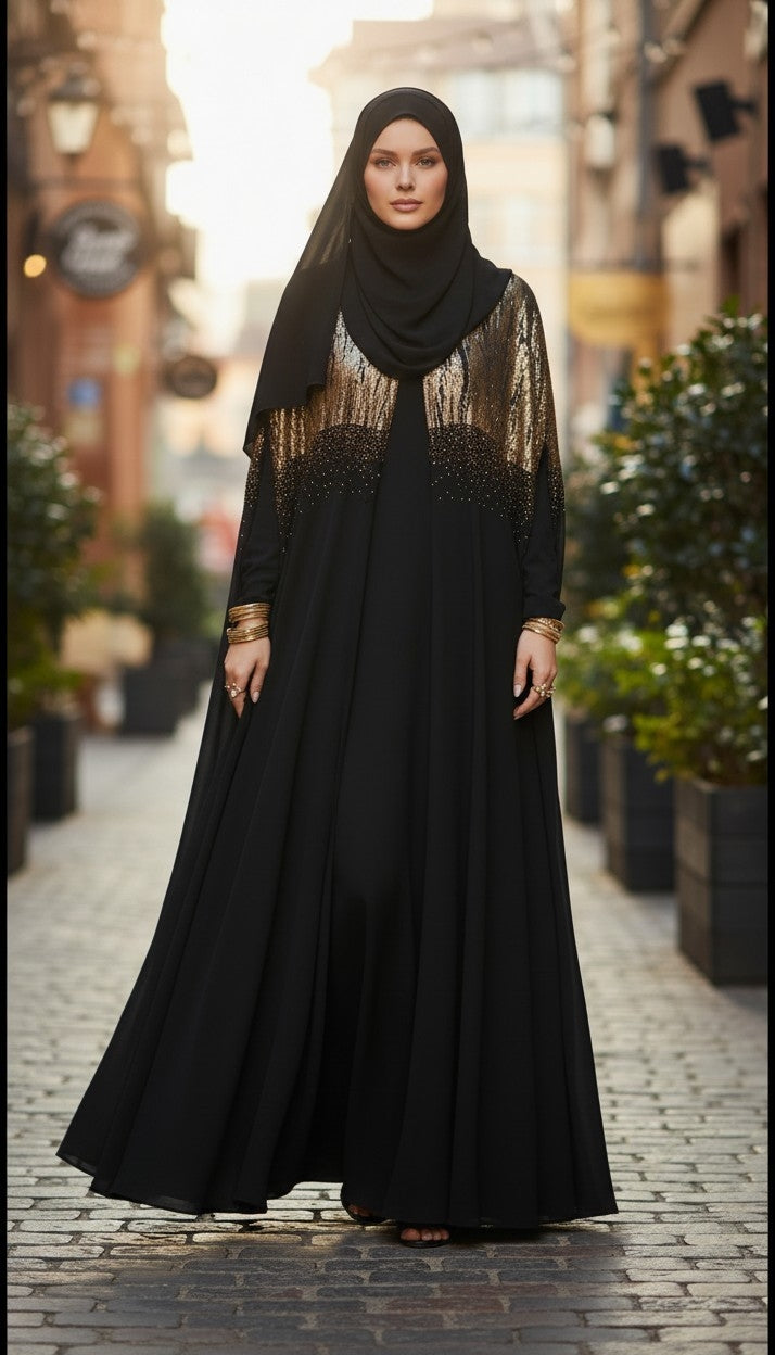 Women Modest Golden Glow 3-Piece Abaya Set