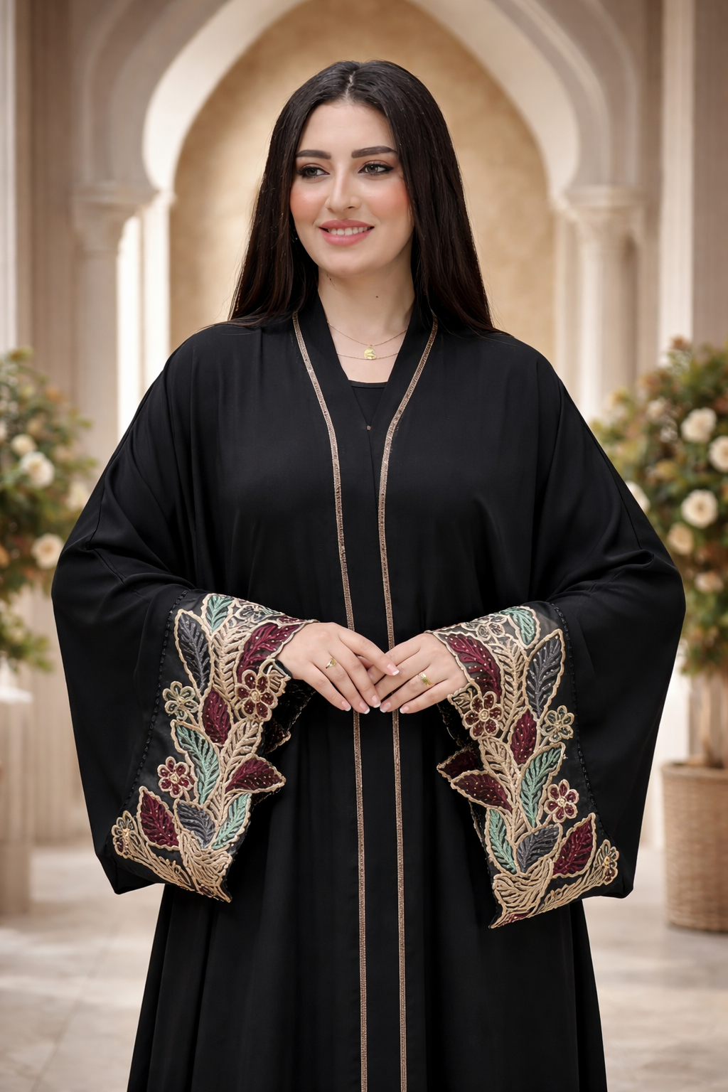 Women's Modest Luxe Bloom Embroidered Silk Abaya