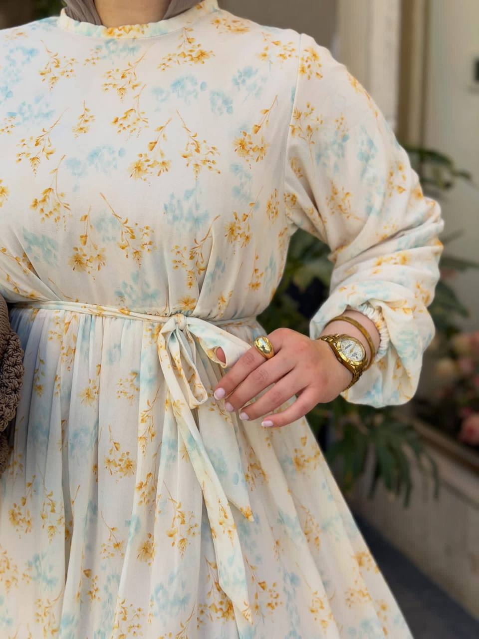 Women's Floral Chiffon Maxi Dress | Modest Elastic Sleeve Dress