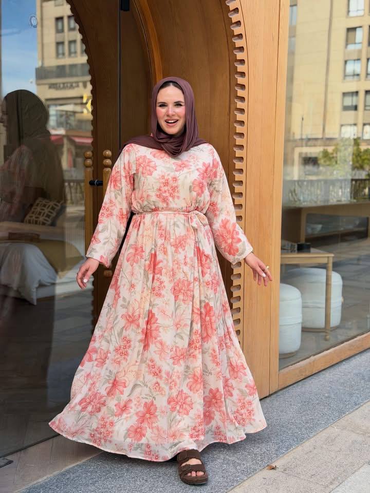 Women's Floral Chiffon Maxi Dress | Modest Elastic Sleeve Dress