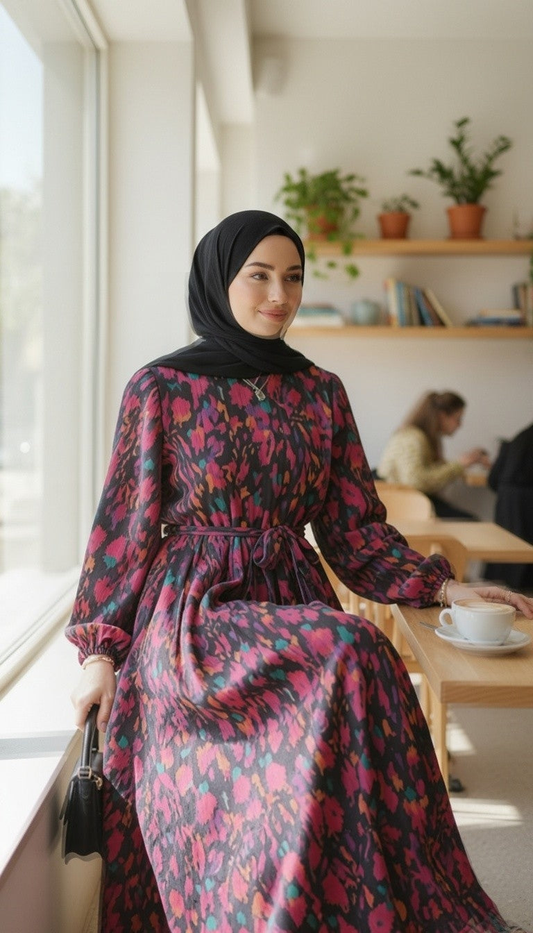 Women's Floral Chiffon Maxi Dress | Modest Belted Dress