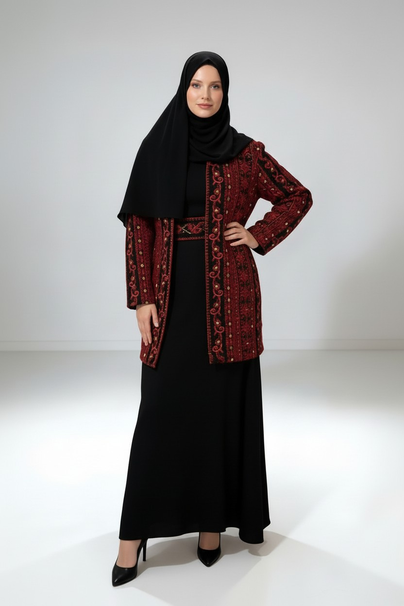 Embroidered Open Abaya Coat – Inner Layer with Belt | Modest Jacket (2 Sizes)