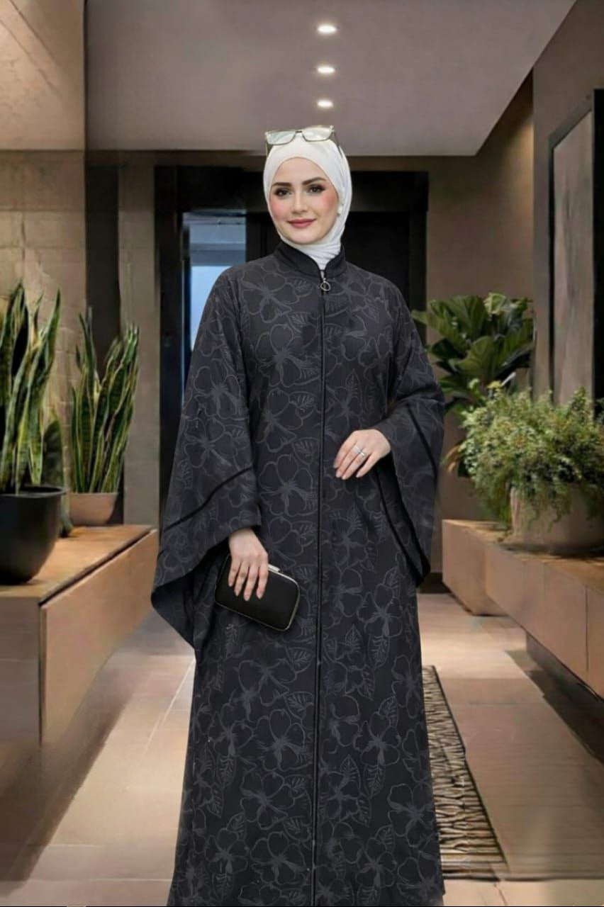 Women’s Floral Crinkled Crepe Gulf Abaya – Free Size Summer Modest Dress
