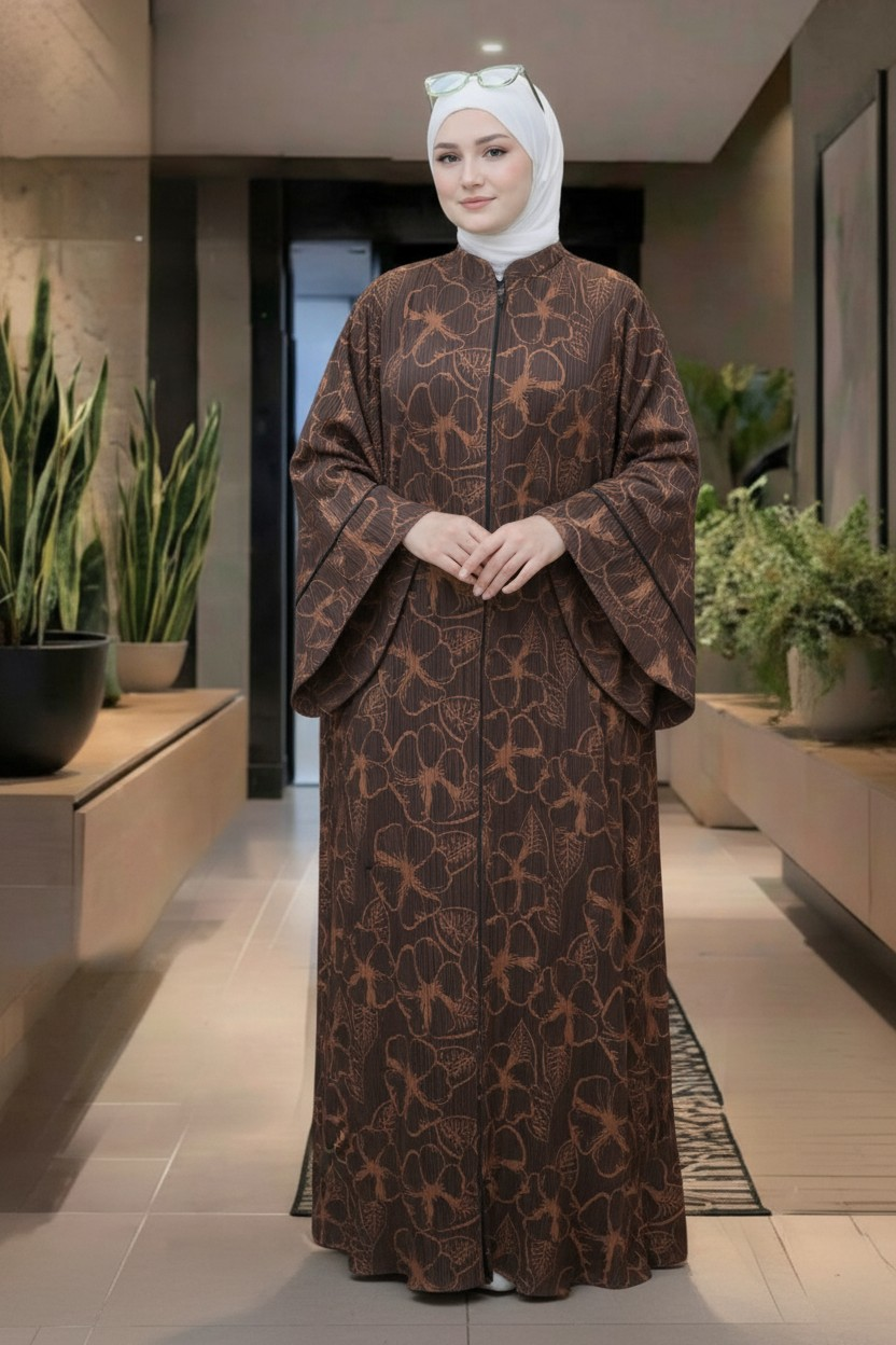 Women’s Floral Crinkled Crepe Gulf Abaya – Free Size Summer Modest Dress