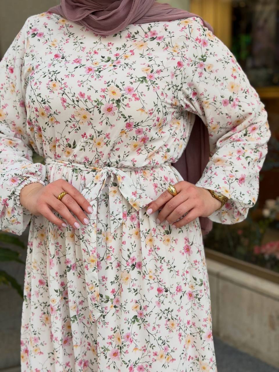 Women's Floral Chiffon Maxi Dress | Modest Elastic Sleeve Dress