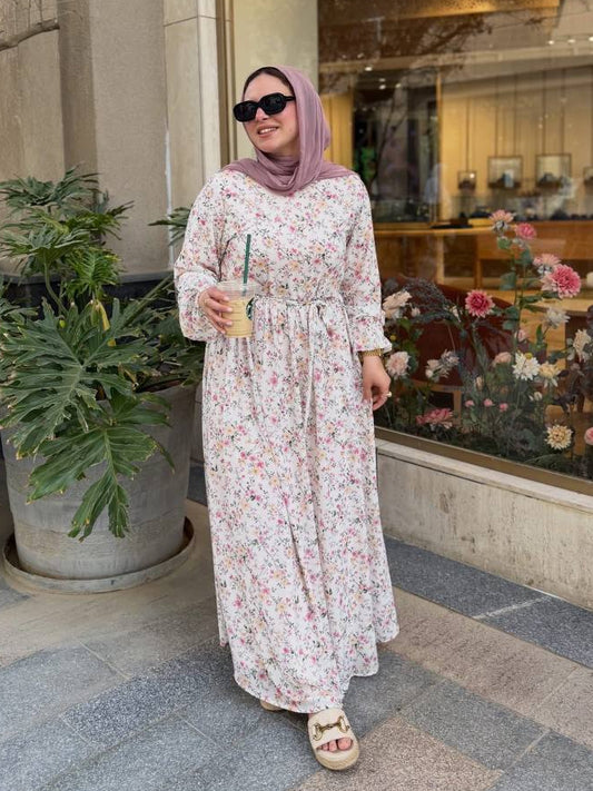 Women's Floral Chiffon Maxi Dress | Modest Elastic Sleeve Dress