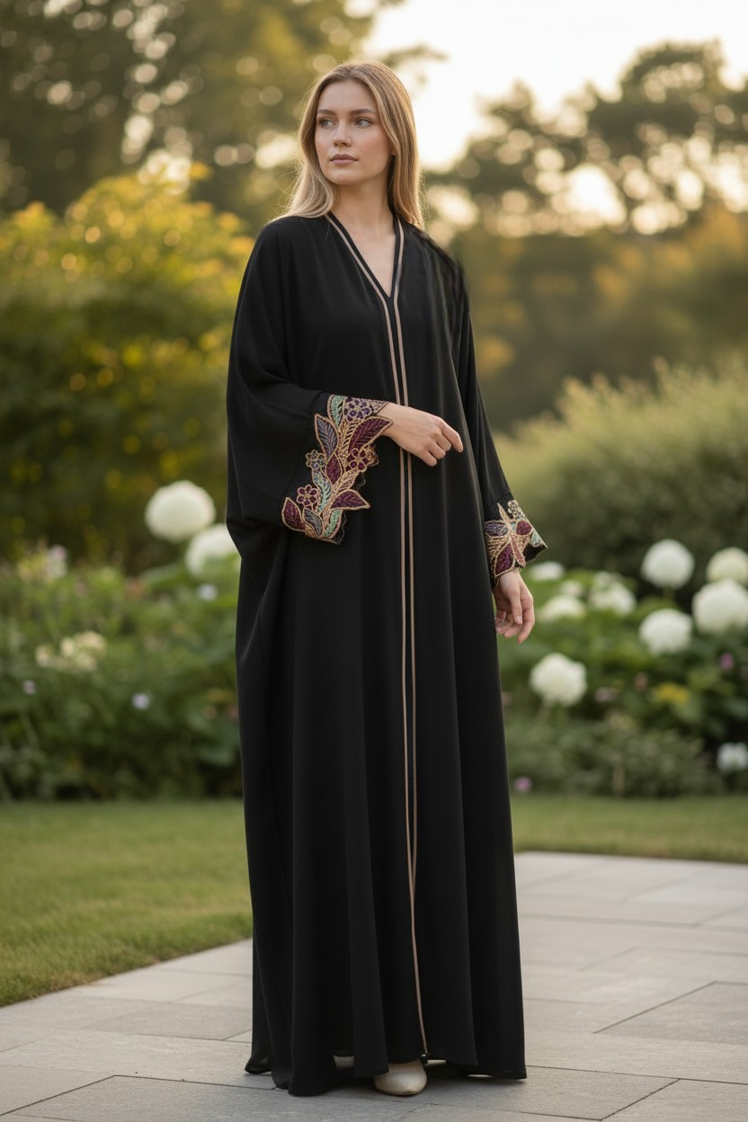 Women's Modest Luxe Bloom Embroidered Silk Abaya