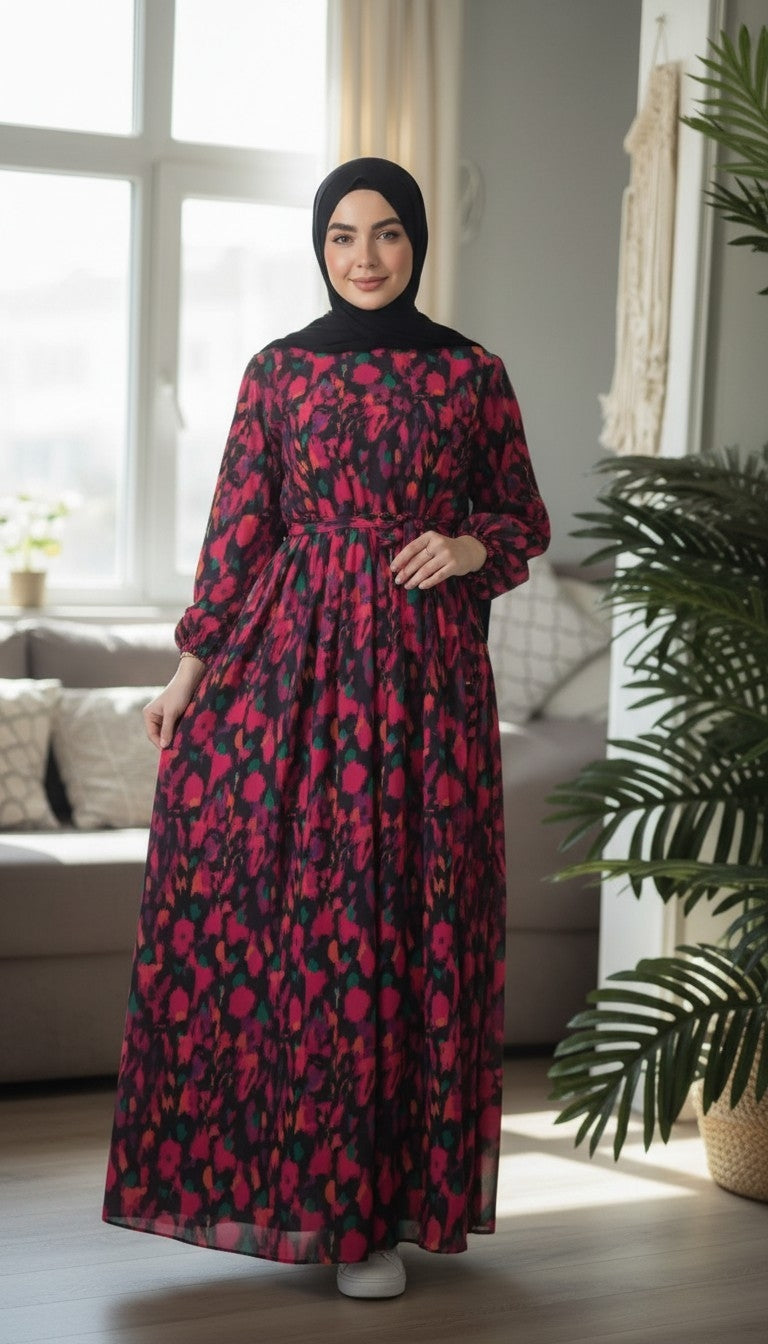 Women's Floral Chiffon Maxi Dress | Modest Belted Dress