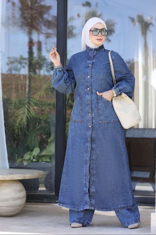 Women’s Modest Denim 2-Piece Set – Long Tunic & Wide Leg Pants | Muslim Modest Outfit | Casual Abaya Style Set